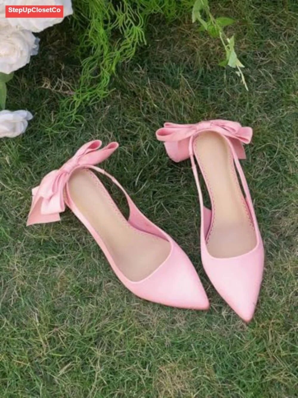 Satin Slingback Pumps with Bow Closed Pointed Toe Stiletto Heels Bridal Dress